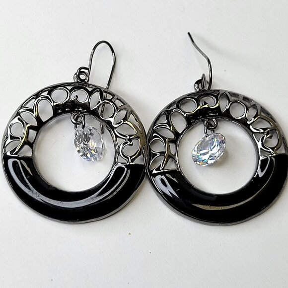 Black Filigree Round Earrings Black and Silver tone Dangle Earrings - Picture 1 of 11